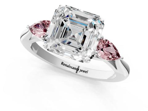 White gold Asscher Cut Diamond Three-Stone Ring with Pear with Morganite side stone Side Stones and Prong Setting_25