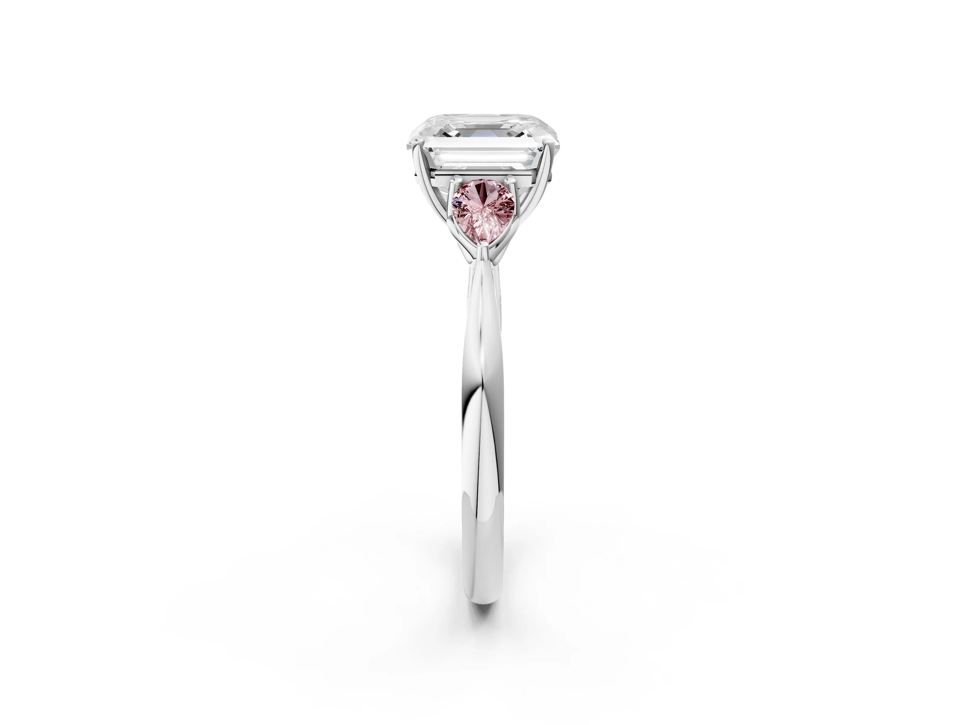 White gold Asscher Cut Diamond Three-Stone Ring with Pear with Morganite side stone Side Stones and Prong Setting_26