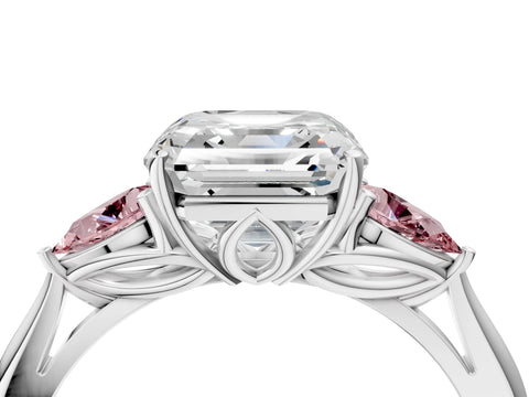 White gold Asscher Cut Diamond Three-Stone Ring with Pear with Morganite side stone Side Stones and Prong Setting_28
