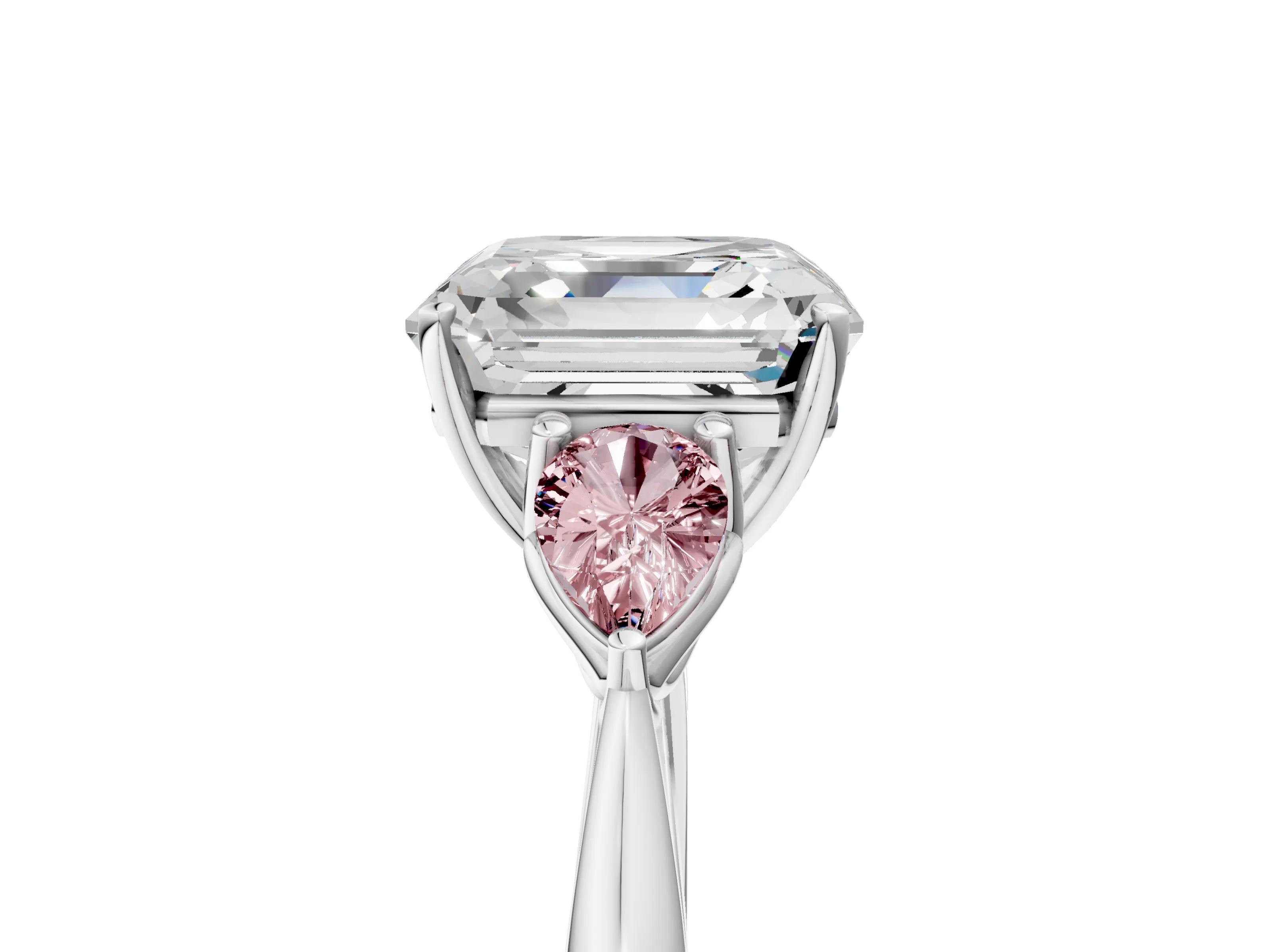 White gold Asscher Cut Diamond Three-Stone Ring with Pear with Morganite side stone Side Stones and Prong Setting_29