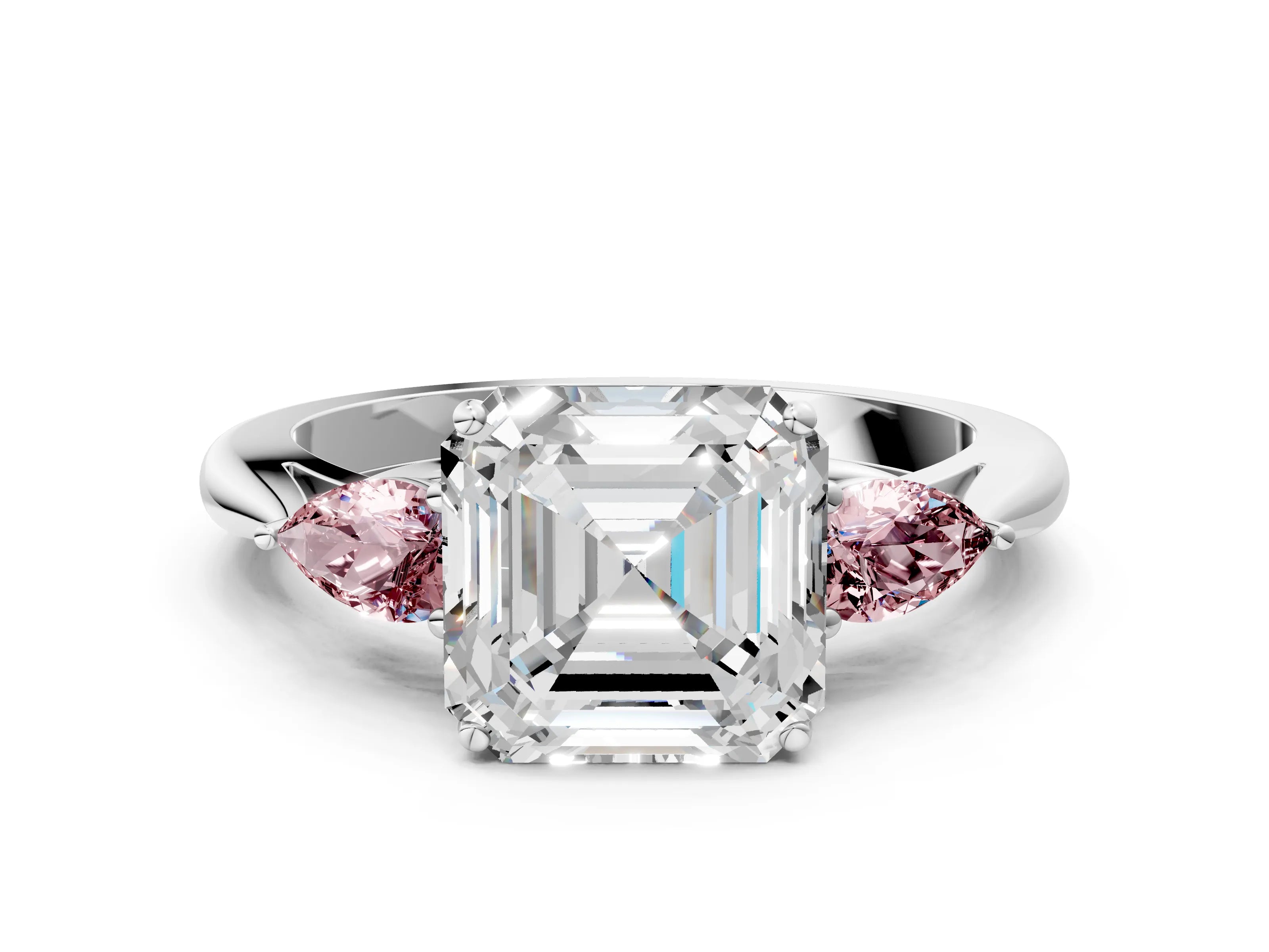 White gold Asscher Cut Diamond Three-Stone Ring with Pear with Morganite side stone Side Stones and Prong Setting_36