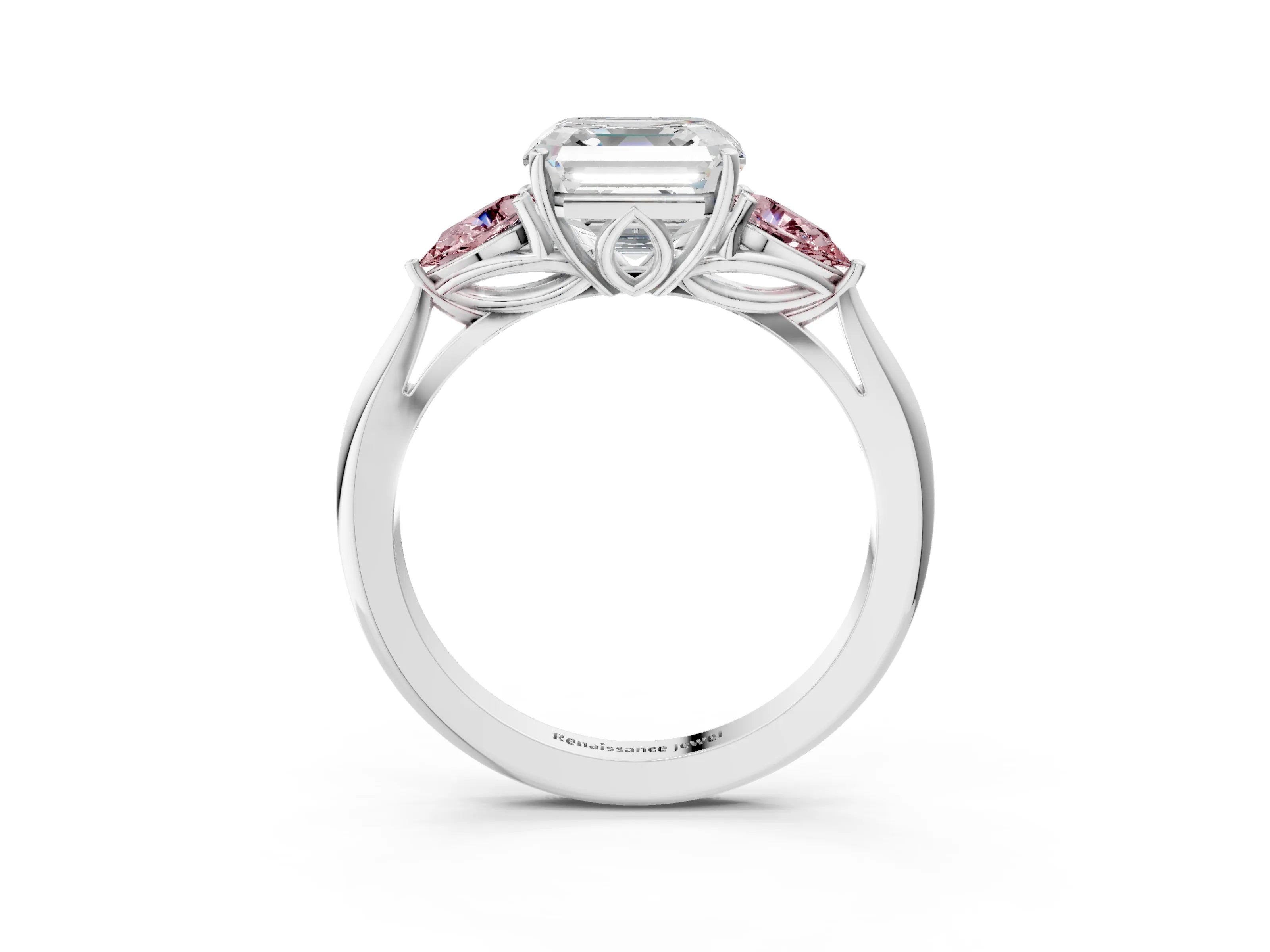 White gold Asscher Cut Diamond Three-Stone Ring with Pear with Morganite side stone Side Stones and Prong Setting_39