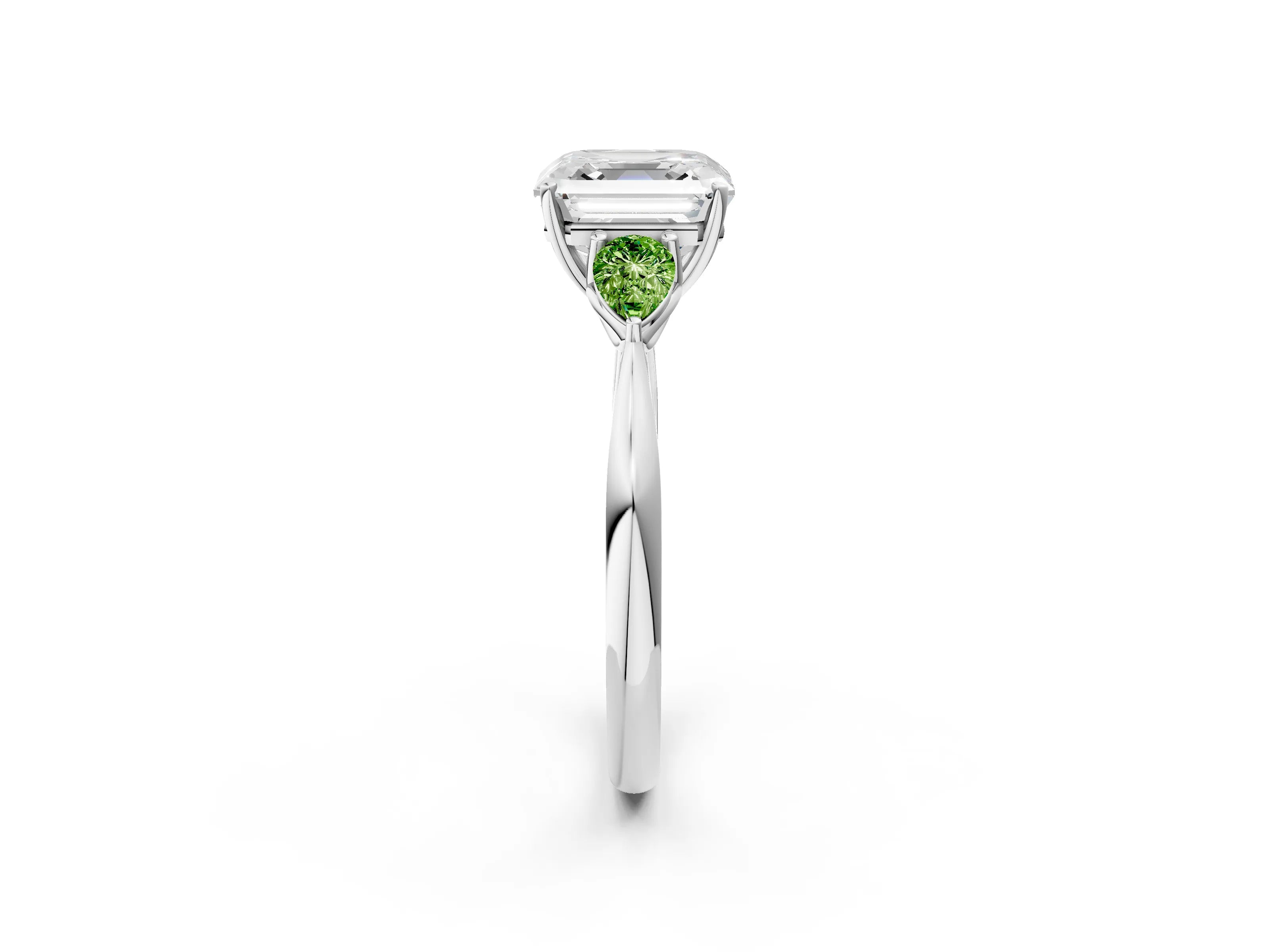 White gold Asscher Cut Diamond Three-Stone Ring with Pear with Peridot side stone Side Stones and Prong Setting_14