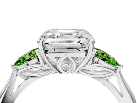 White gold Asscher Cut Diamond Three-Stone Ring with Pear with Peridot side stone Side Stones and Prong Setting_16