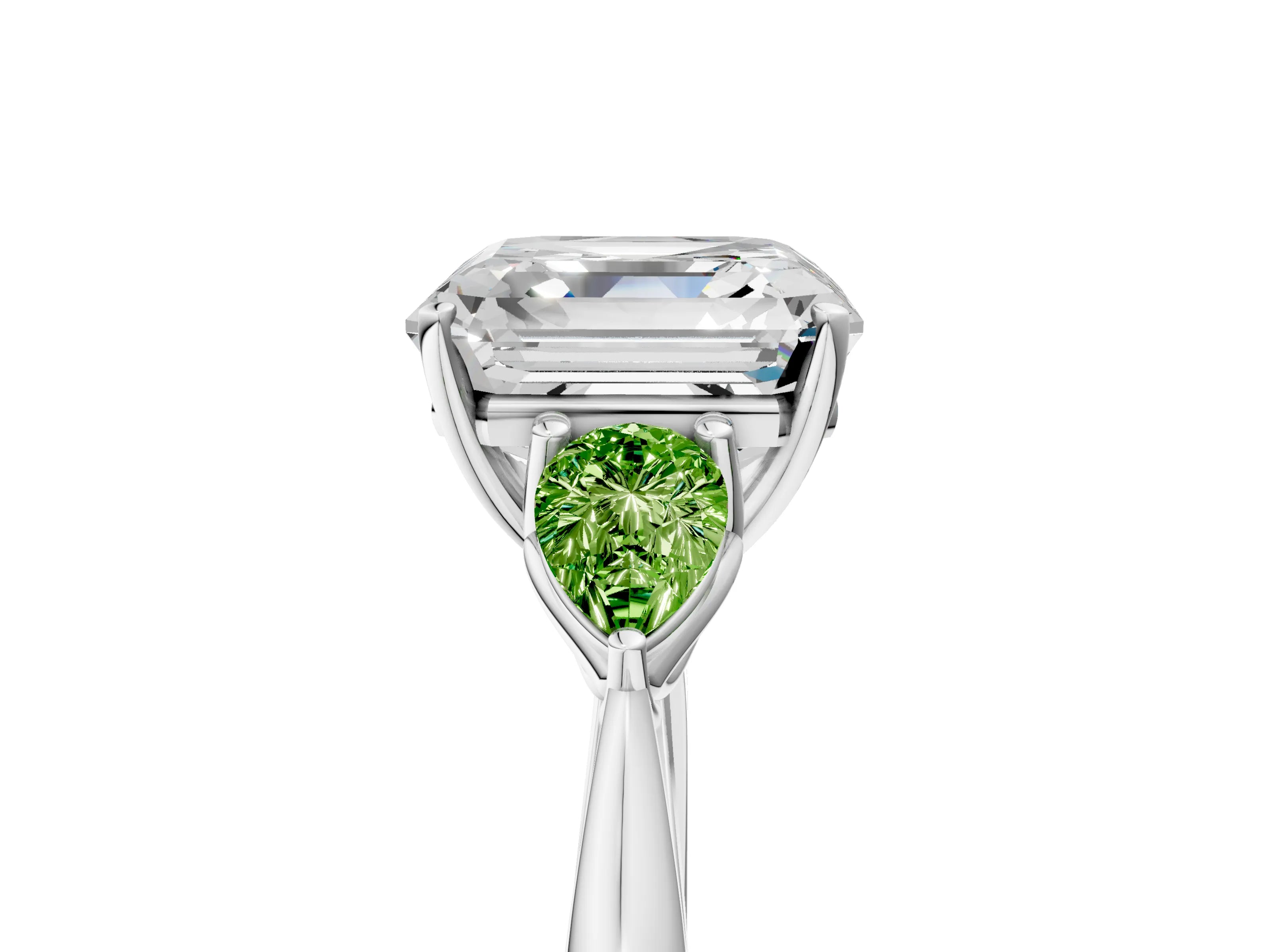 White gold Asscher Cut Diamond Three-Stone Ring with Pear with Peridot side stone Side Stones and Prong Setting_17