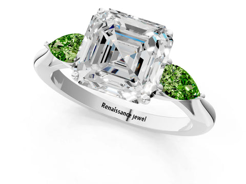 White gold Asscher Cut Diamond Three-Stone Ring with Pear with Peridot side stone Side Stones and Prong Setting_19