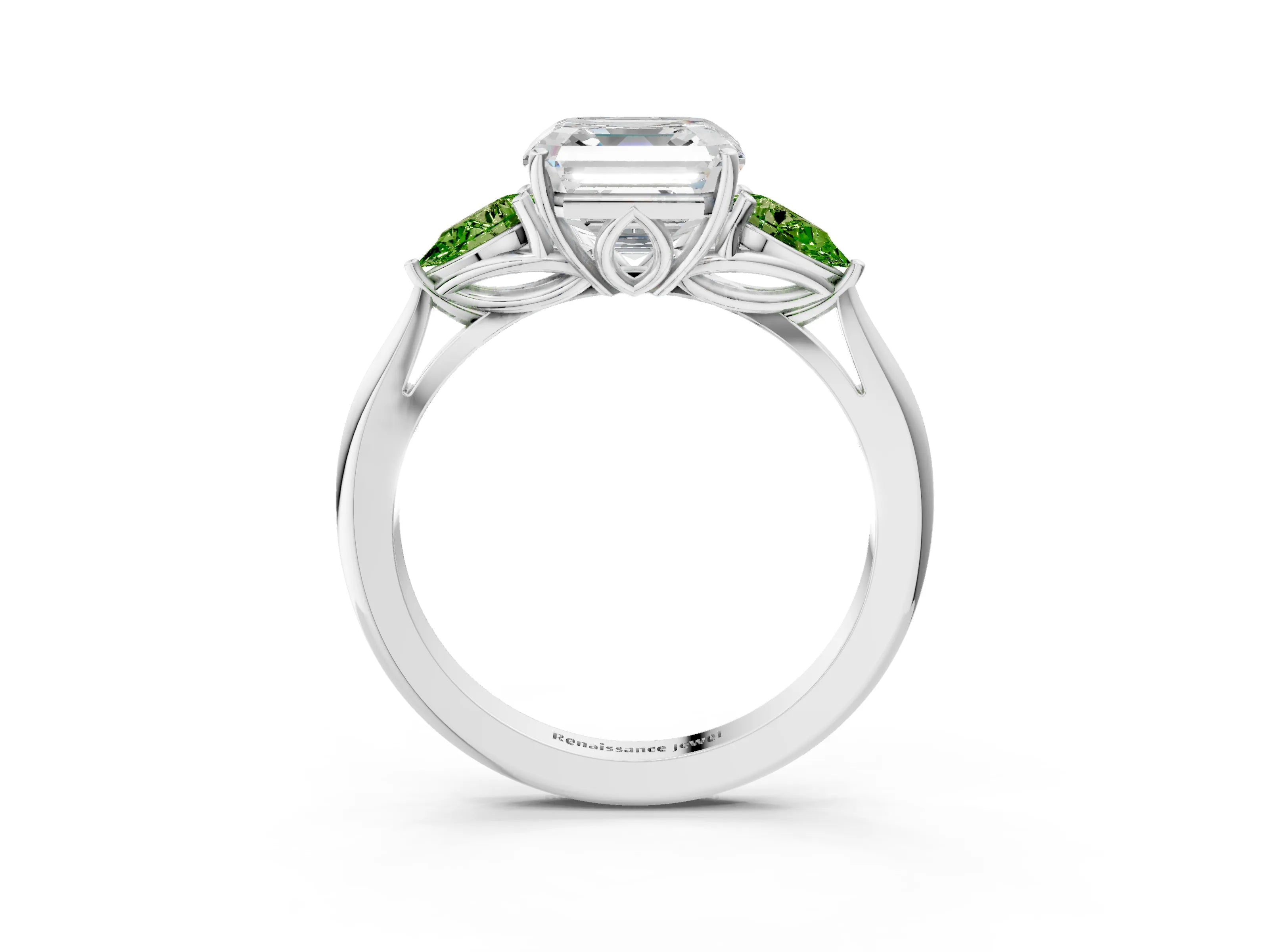 White gold Asscher Cut Diamond Three-Stone Ring with Pear with Peridot side stone Side Stones and Prong Setting_21