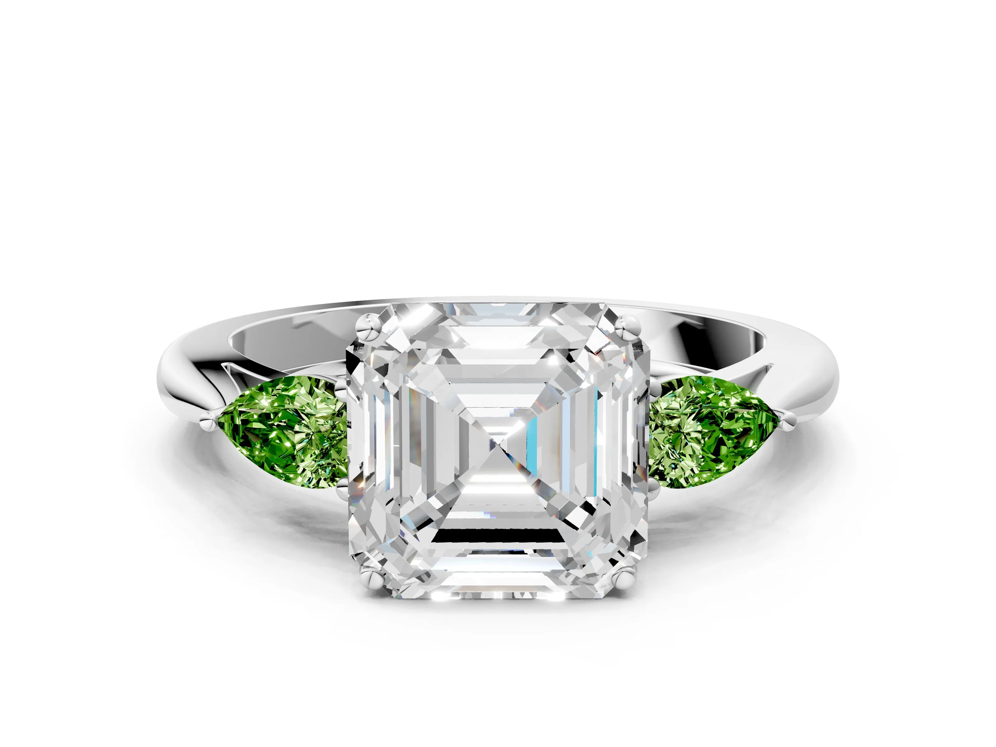 White gold Asscher Cut Diamond Three-Stone Ring with Pear with Peridot side stone Side Stones and Prong Setting_24