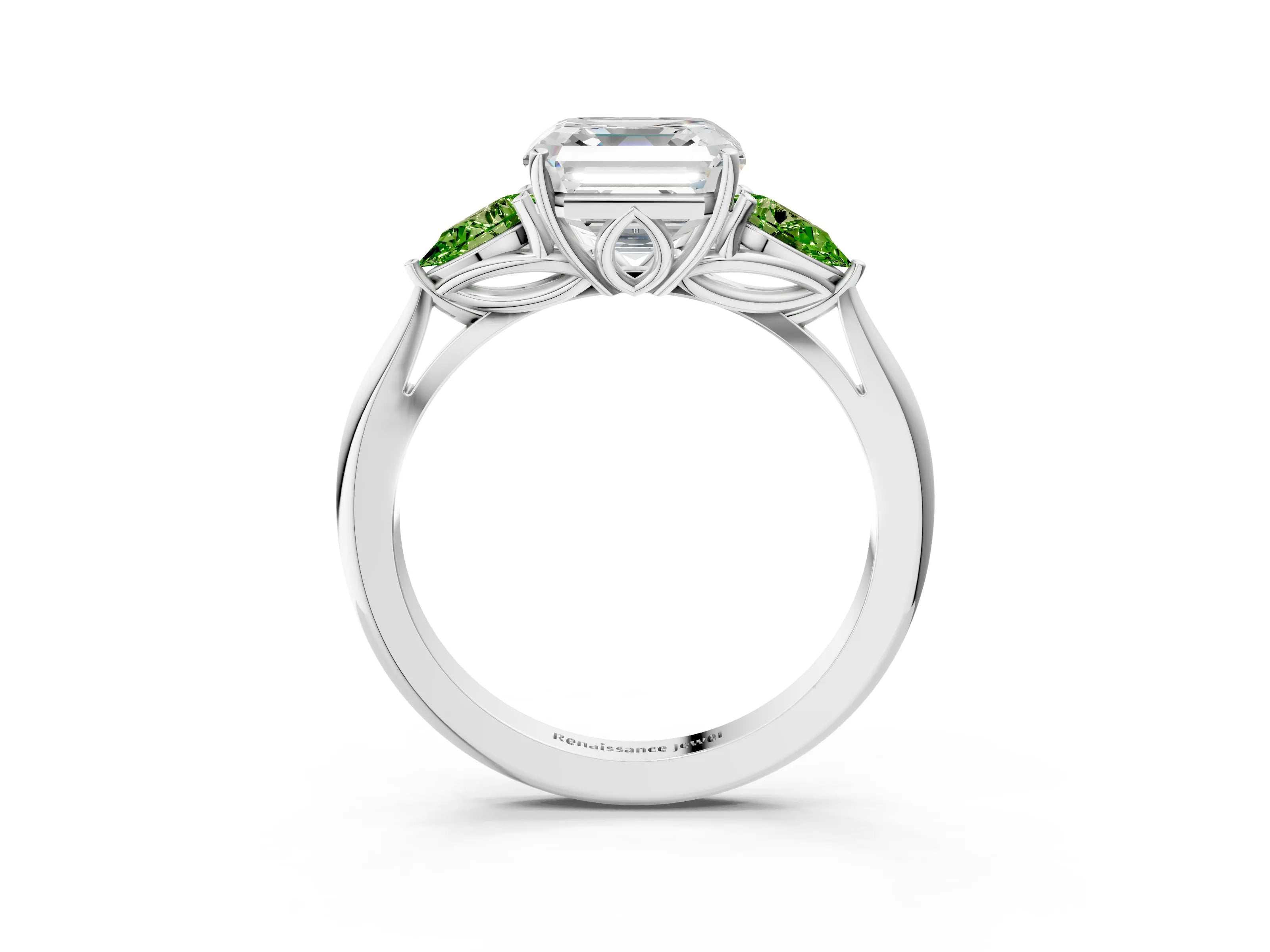 White gold Asscher Cut Diamond Three-Stone Ring with Pear with Peridot side stone Side Stones and Prong Setting_27