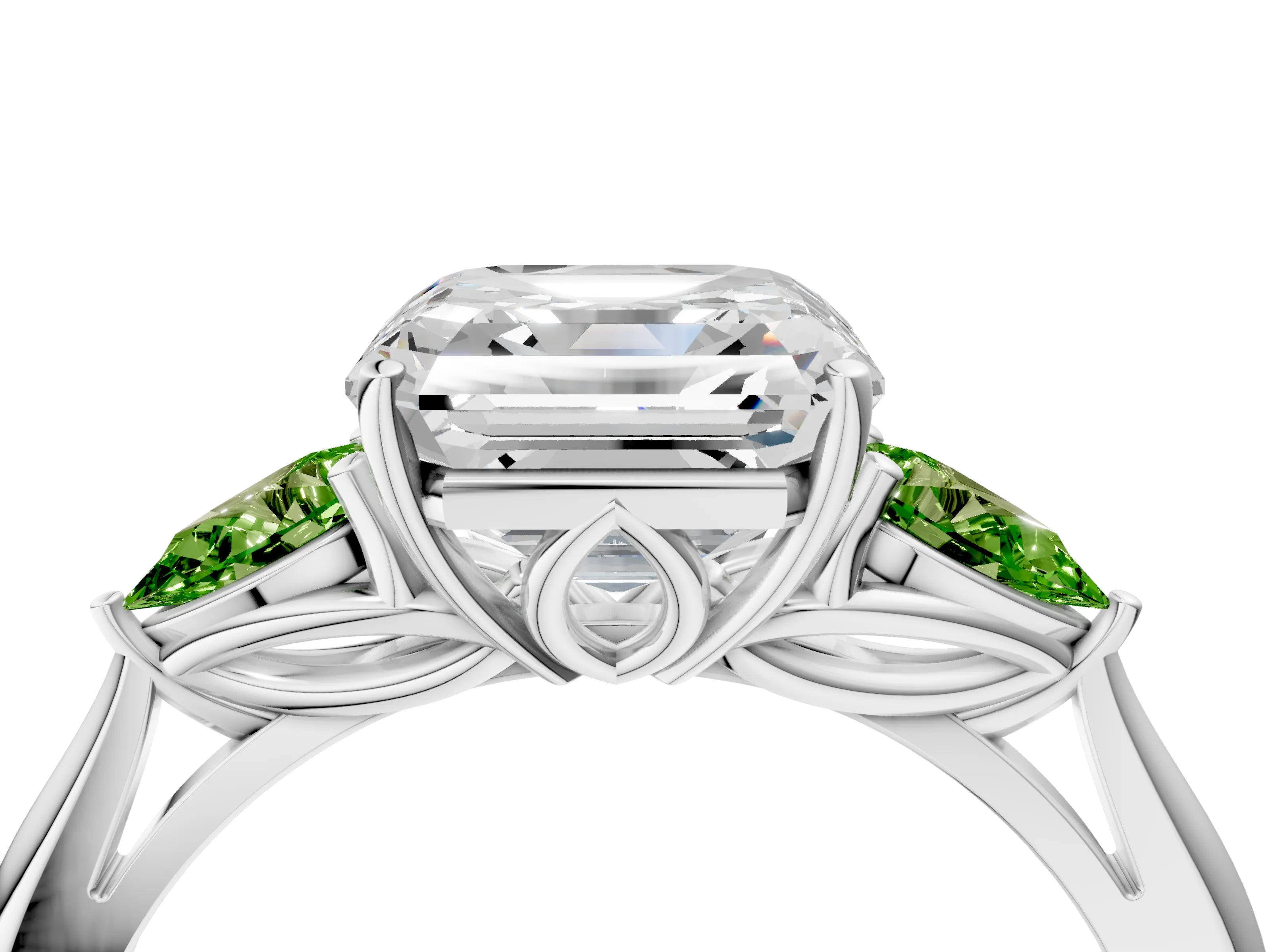 White gold Asscher Cut Diamond Three-Stone Ring with Pear with Peridot side stone Side Stones and Prong Setting_28