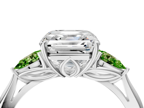 White gold Asscher Cut Diamond Three-Stone Ring with Pear with Peridot side stone Side Stones and Prong Setting_28
