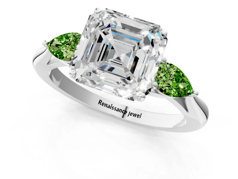 White gold Asscher Cut Diamond Three-Stone Ring with Pear with Peridot side stone Side Stones and Prong Setting_37
