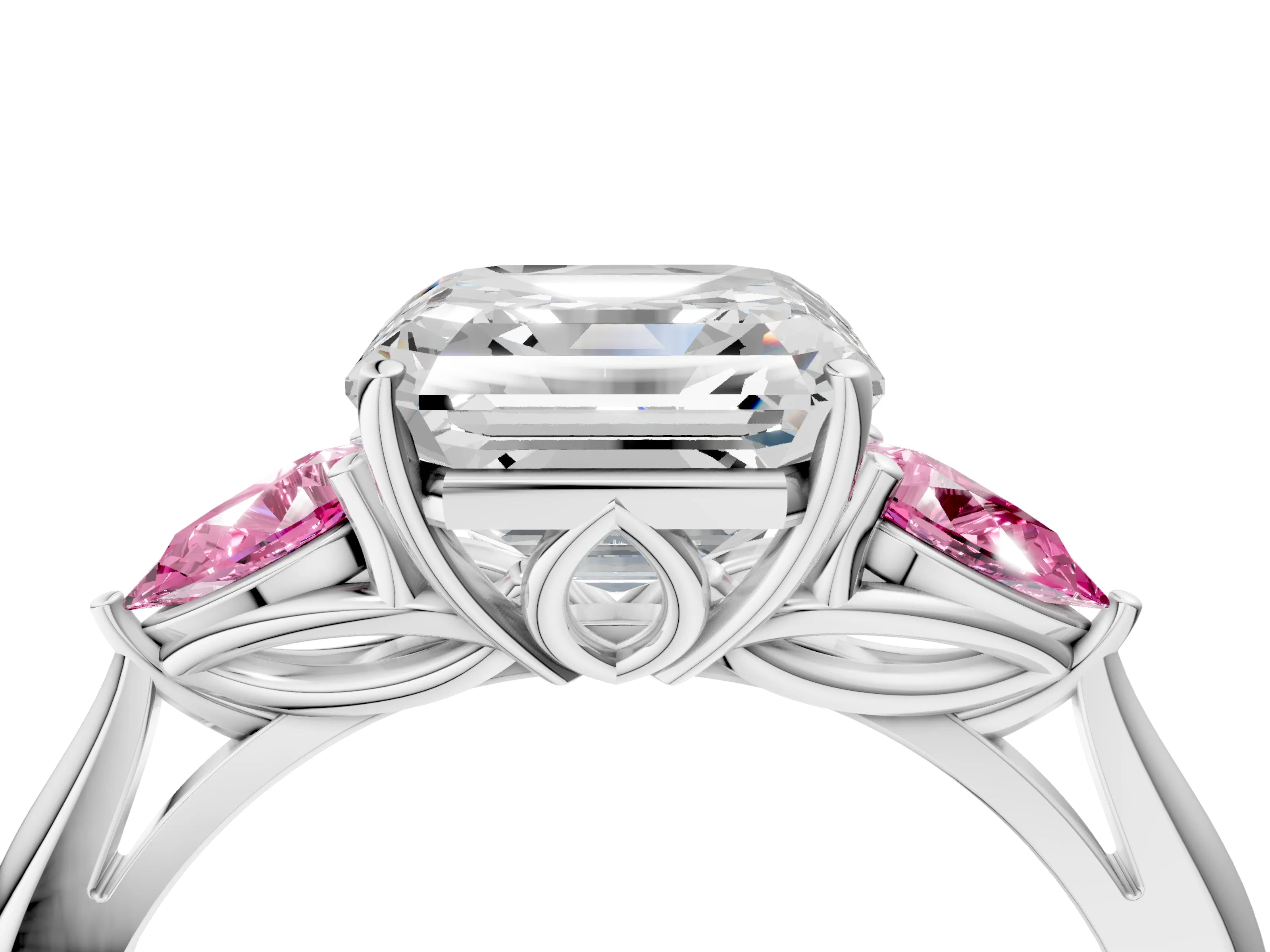 White gold Asscher Cut Diamond Three-Stone Ring with Pear with Pink Sapphire side stone Side Stones and Prong Setting_100