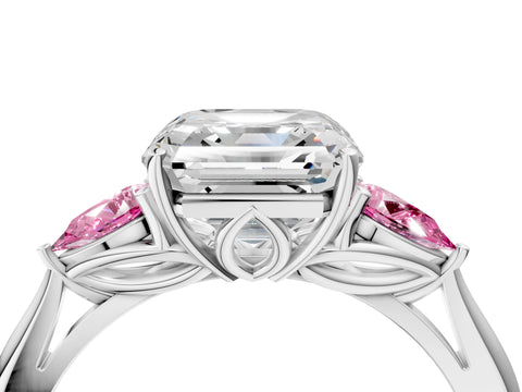 White gold Asscher Cut Diamond Three-Stone Ring with Pear with Pink Sapphire side stone Side Stones and Prong Setting_100