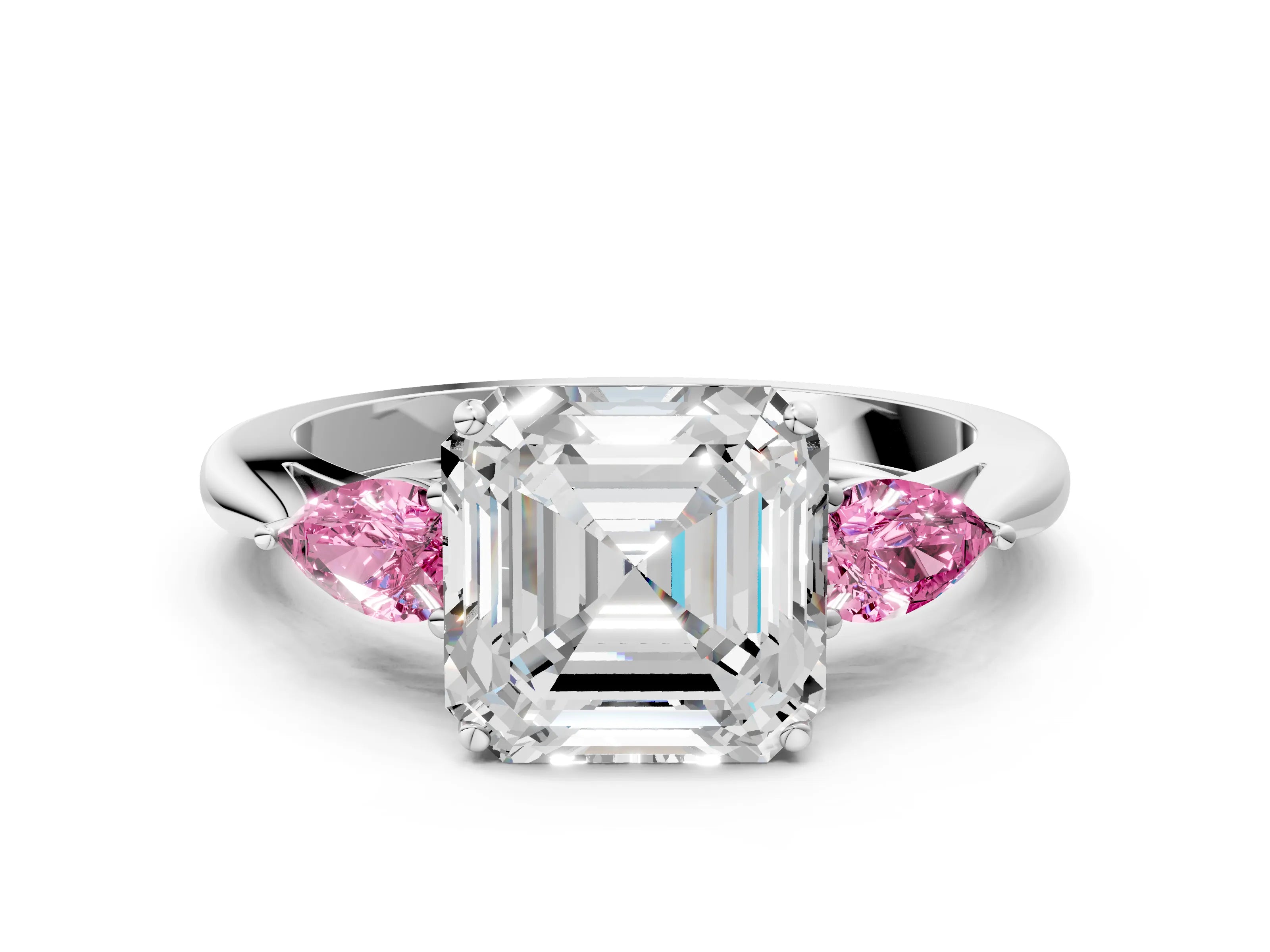 White gold Asscher Cut Diamond Three-Stone Ring with Pear with Pink Sapphire side stone Side Stones and Prong Setting_72