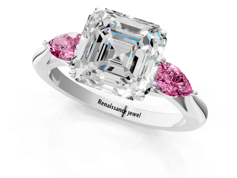 White gold Asscher Cut Diamond Three-Stone Ring with Pear with Pink Sapphire side stone Side Stones and Prong Setting_73
