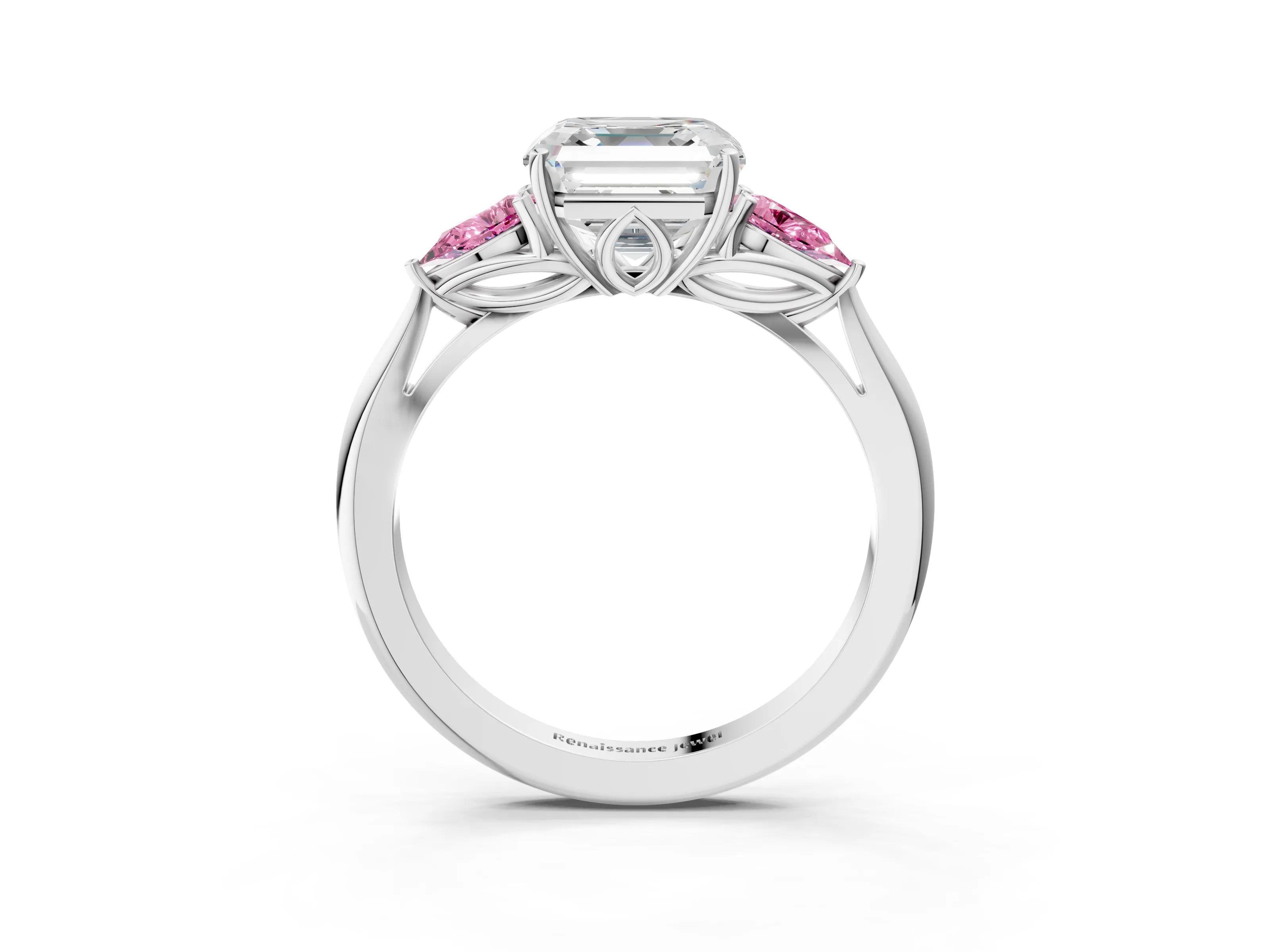 White gold Asscher Cut Diamond Three-Stone Ring with Pear with Pink Sapphire side stone Side Stones and Prong Setting_75