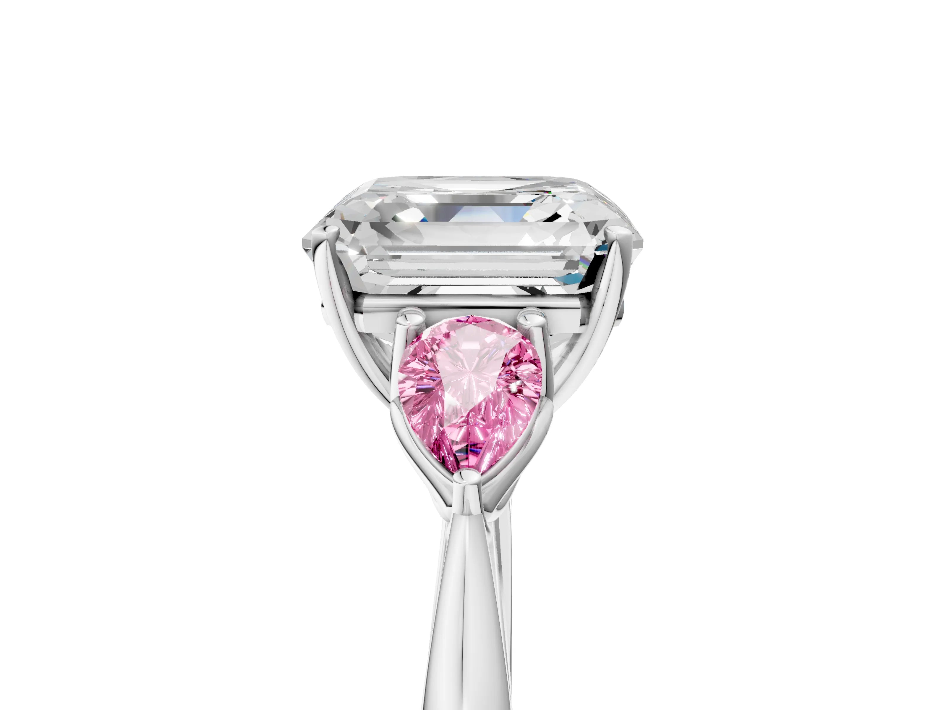 White gold Asscher Cut Diamond Three-Stone Ring with Pear with Pink Sapphire side stone Side Stones and Prong Setting_77
