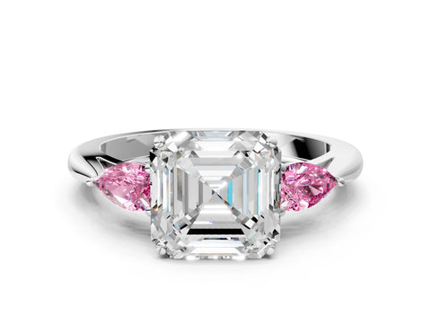 White gold Asscher Cut Diamond Three-Stone Ring with Pear with Pink Sapphire side stone Side Stones and Prong Setting_96
