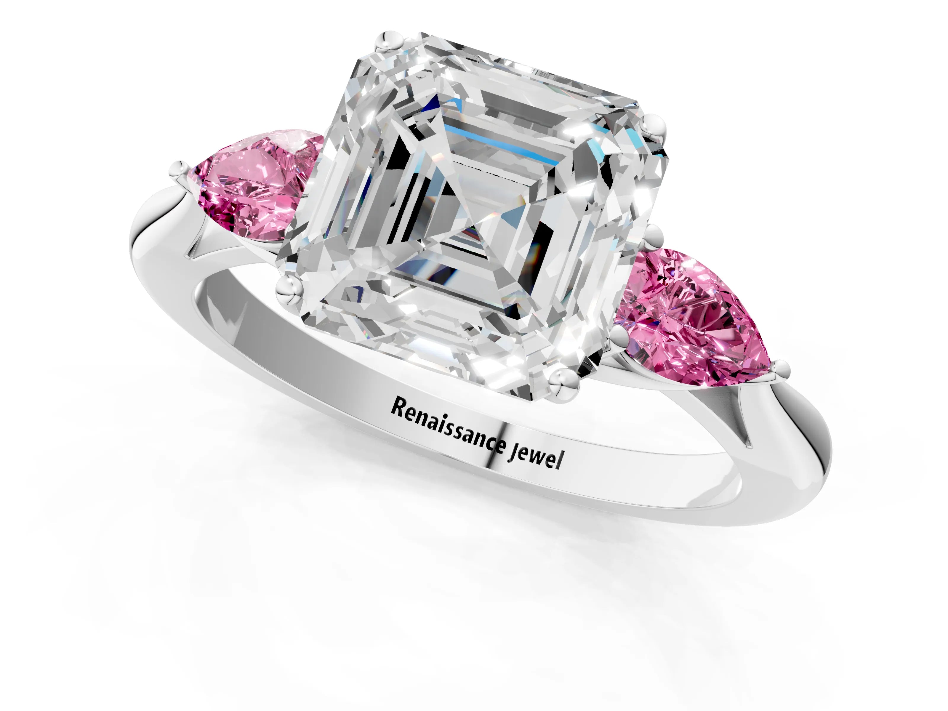 White gold Asscher Cut Diamond Three-Stone Ring with Pear with Pink Sapphire side stone Side Stones and Prong Setting_97