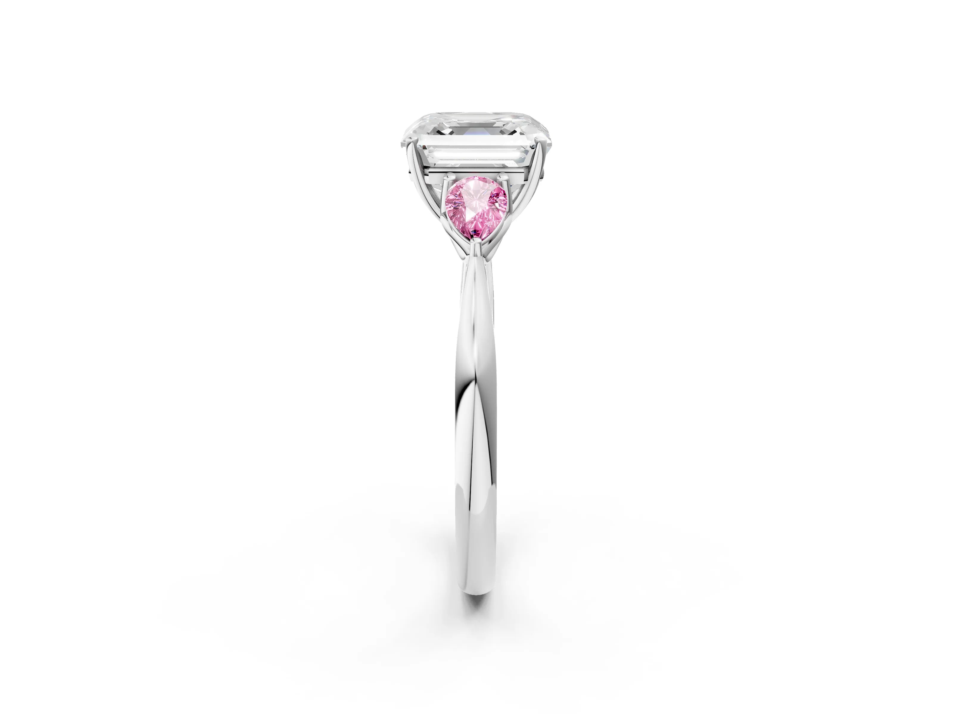 White gold Asscher Cut Diamond Three-Stone Ring with Pear with Pink Sapphire side stone Side Stones and Prong Setting_98