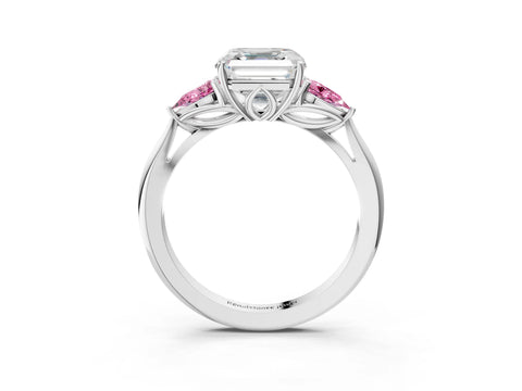 White gold Asscher Cut Diamond Three-Stone Ring with Pear with Pink Sapphire side stone Side Stones and Prong Setting_99