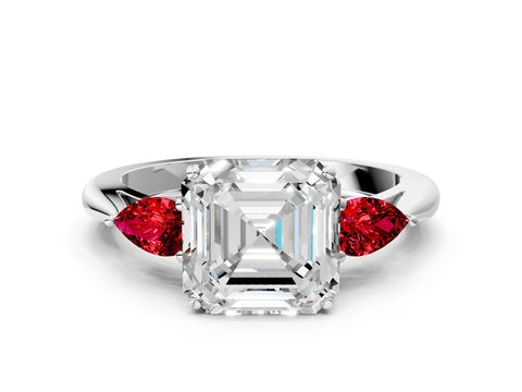 White gold Asscher Cut Diamond Three-Stone Ring with Pear with Ruby side stone Side Stones and Prong Setting_12