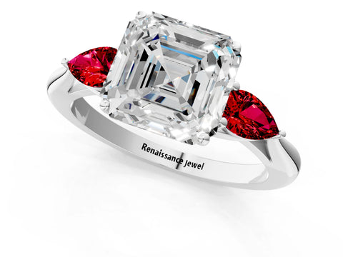 White gold Asscher Cut Diamond Three-Stone Ring with Pear with Ruby side stone Side Stones and Prong Setting_13