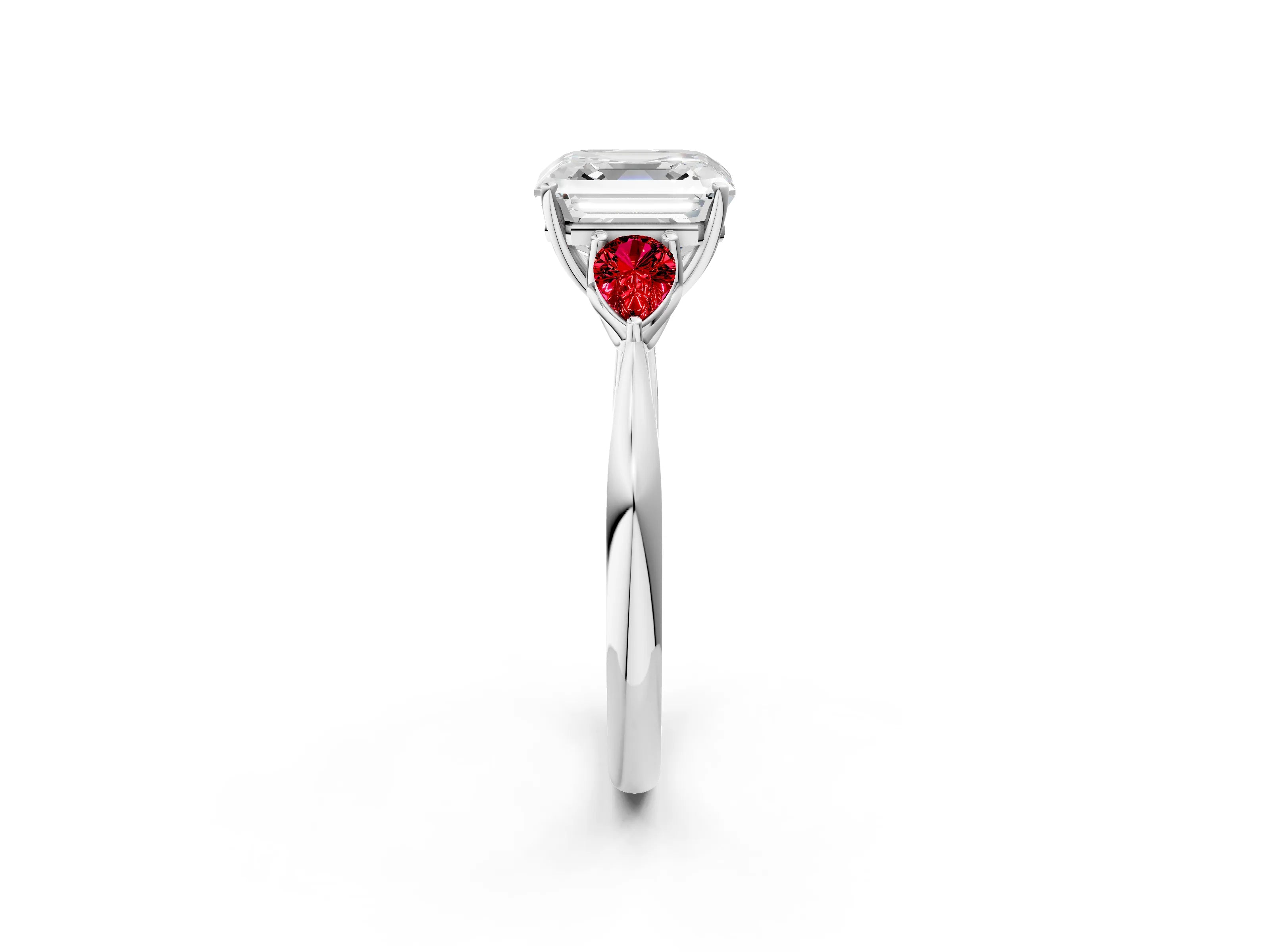 White gold Asscher Cut Diamond Three-Stone Ring with Pear with Ruby side stone Side Stones and Prong Setting_14