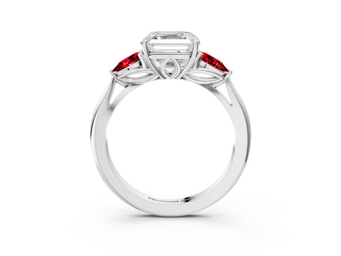 White gold Asscher Cut Diamond Three-Stone Ring with Pear with Ruby side stone Side Stones and Prong Setting_15