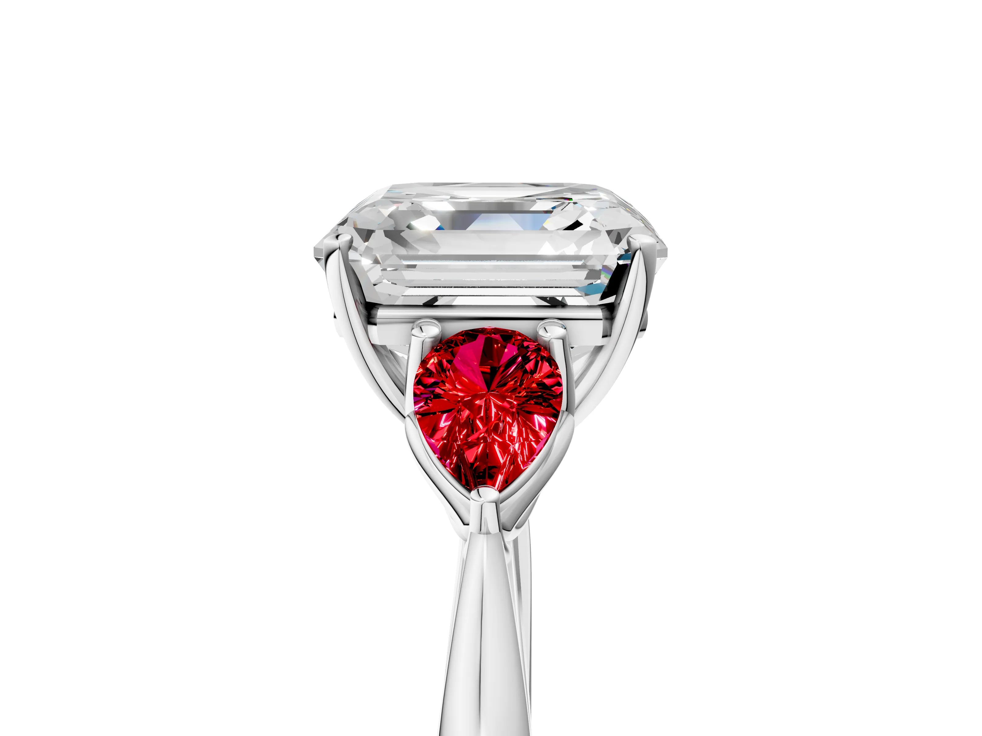 White gold Asscher Cut Diamond Three-Stone Ring with Pear with Ruby side stone Side Stones and Prong Setting_17
