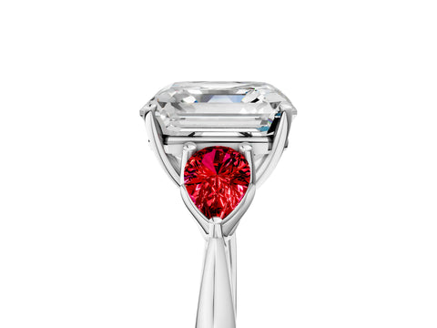 White gold Asscher Cut Diamond Three-Stone Ring with Pear with Ruby side stone Side Stones and Prong Setting_17