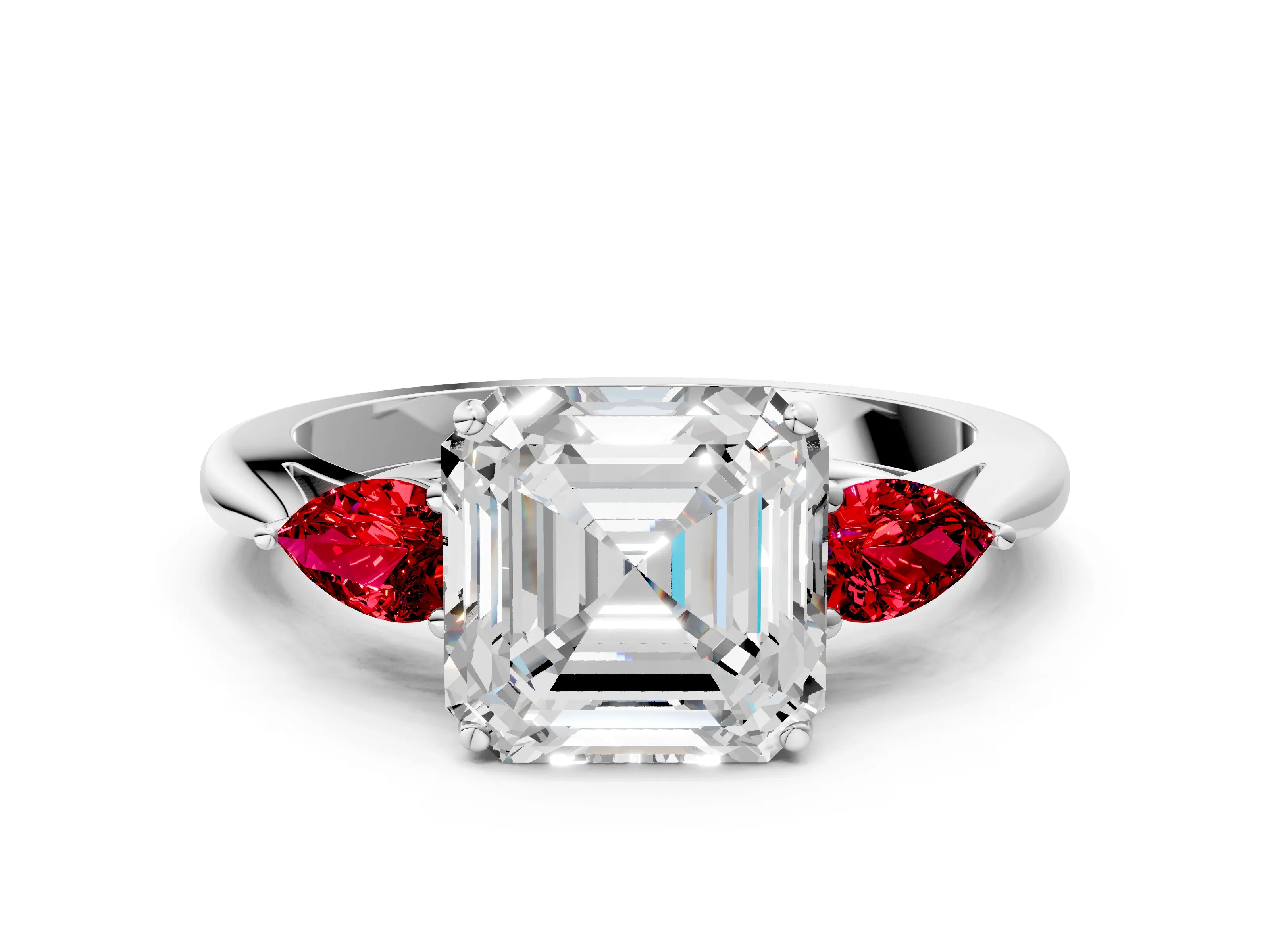 White gold Asscher Cut Diamond Three-Stone Ring with Pear with Ruby side stone Side Stones and Prong Setting_24