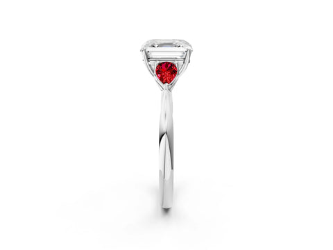 White gold Asscher Cut Diamond Three-Stone Ring with Pear with Ruby side stone Side Stones and Prong Setting_26