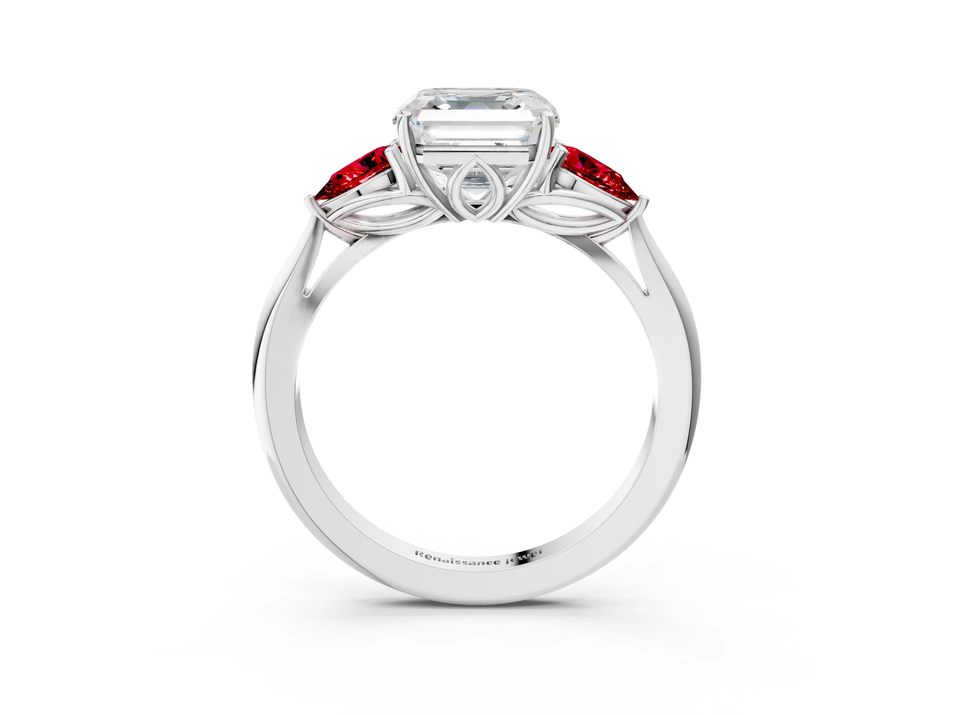 White gold Asscher Cut Diamond Three-Stone Ring with Pear with Ruby side stone Side Stones and Prong Setting_27