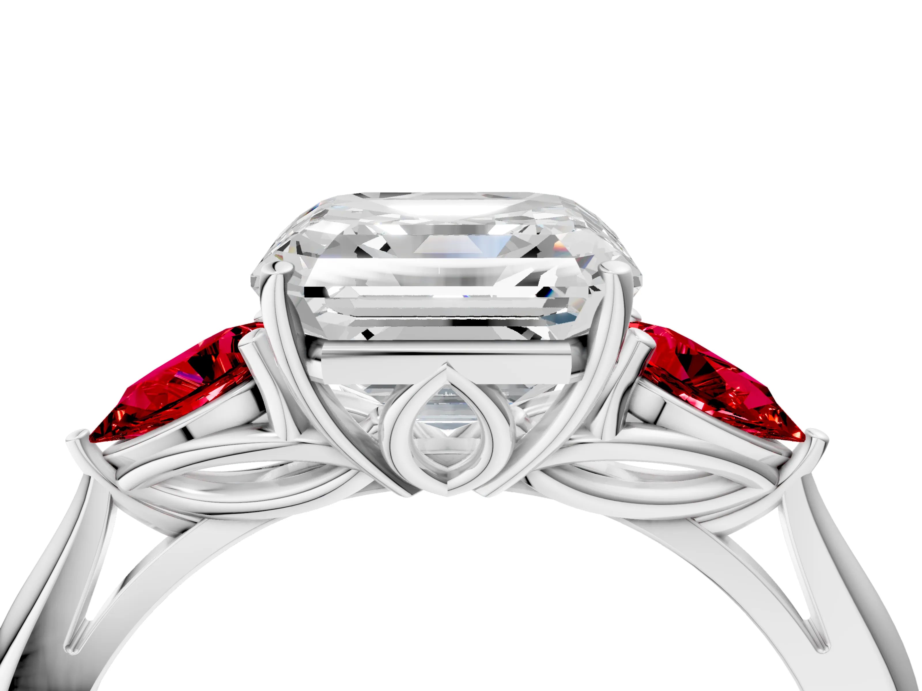 White gold Asscher Cut Diamond Three-Stone Ring with Pear with Ruby side stone Side Stones and Prong Setting_28