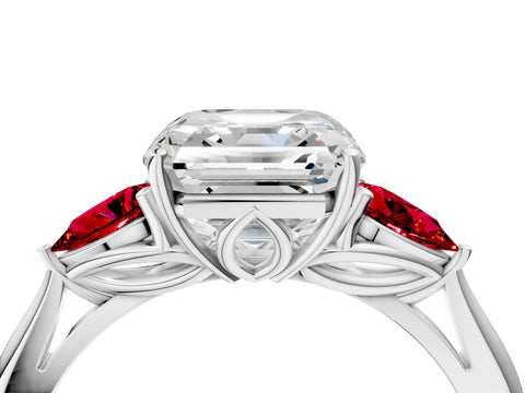 White gold Asscher Cut Diamond Three-Stone Ring with Pear with Ruby side stone Side Stones and Prong Setting_28