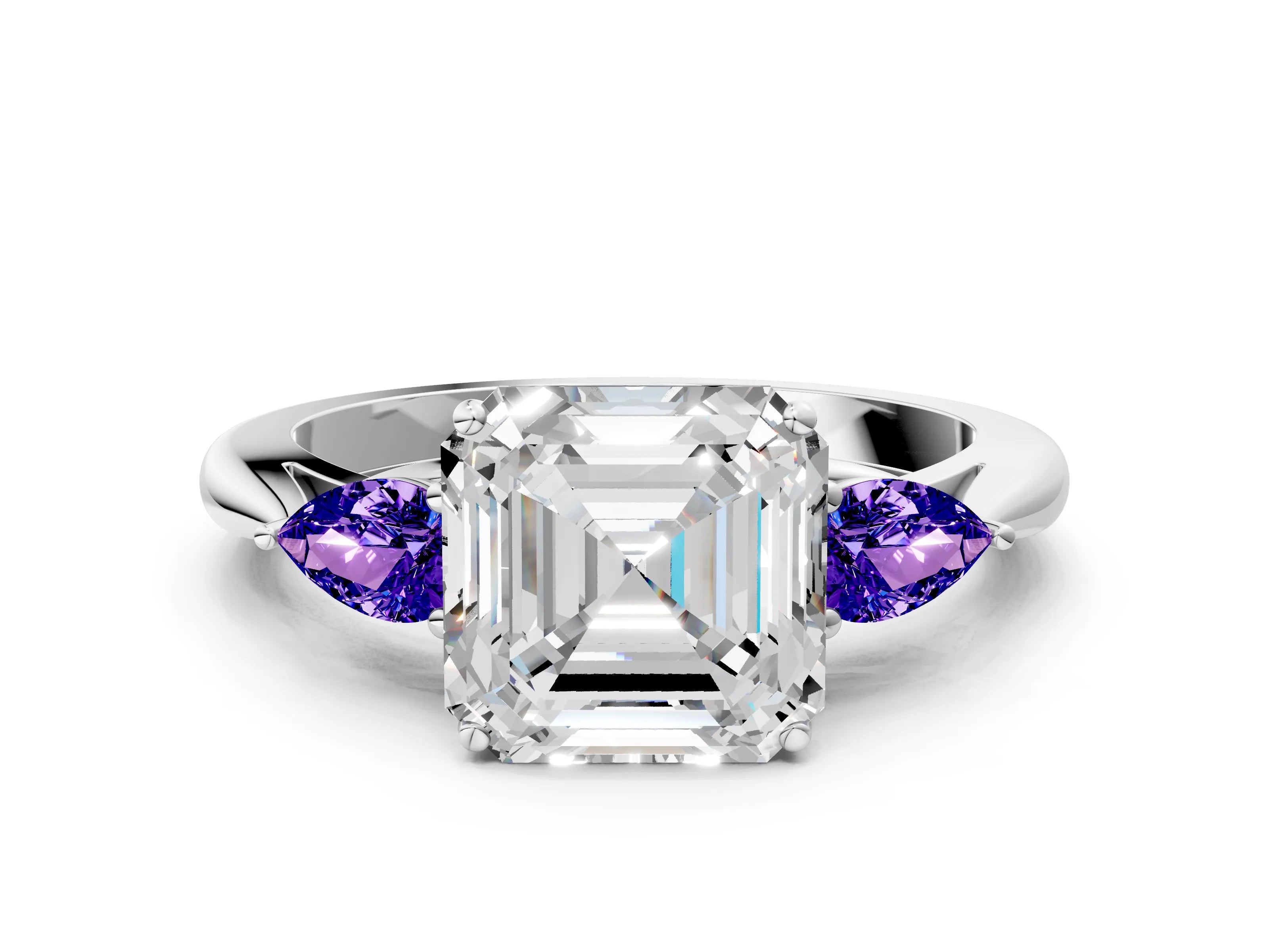 White gold Asscher Cut Diamond Three-Stone Ring with Pear with Tanzanite side stone Side Stones and Prong Setting