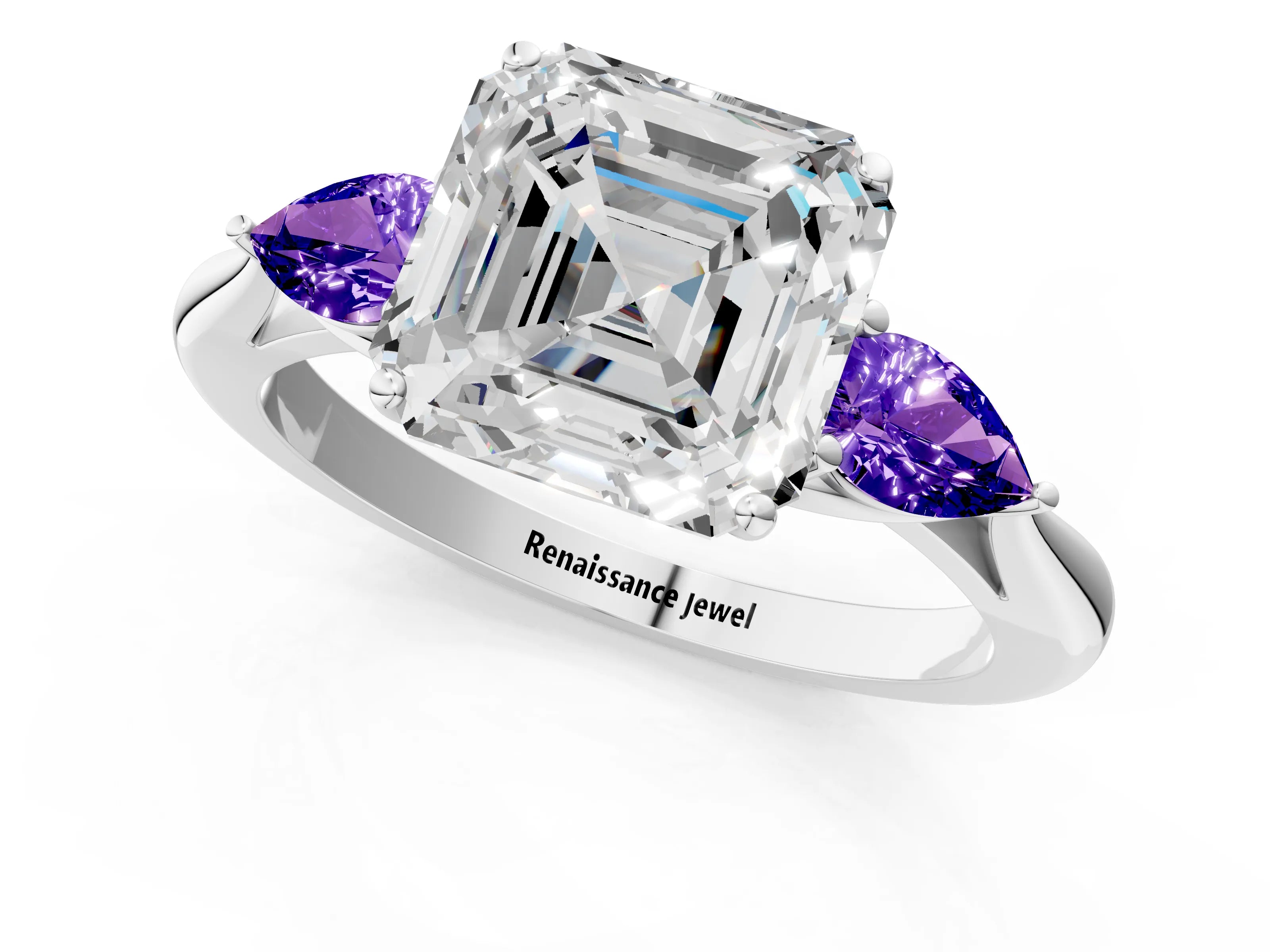 White gold Asscher Cut Diamond Three-Stone Ring with Pear with Tanzanite side stone Side Stones and Prong Setting_1