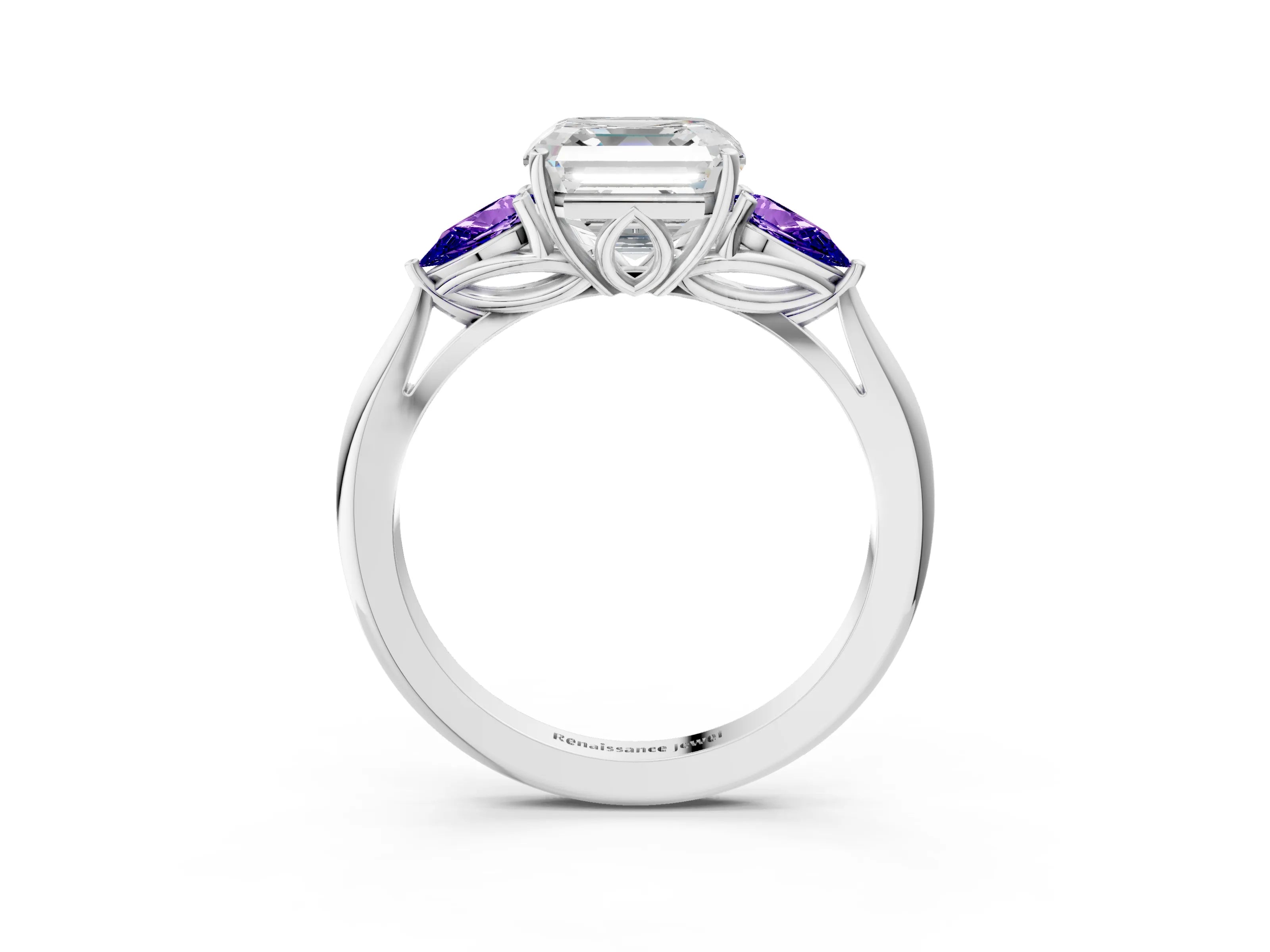 White gold Asscher Cut Diamond Three-Stone Ring with Pear with Tanzanite side stone Side Stones and Prong Setting_27