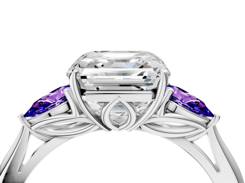 White gold Asscher Cut Diamond Three-Stone Ring with Pear with Tanzanite side stone Side Stones and Prong Setting_28