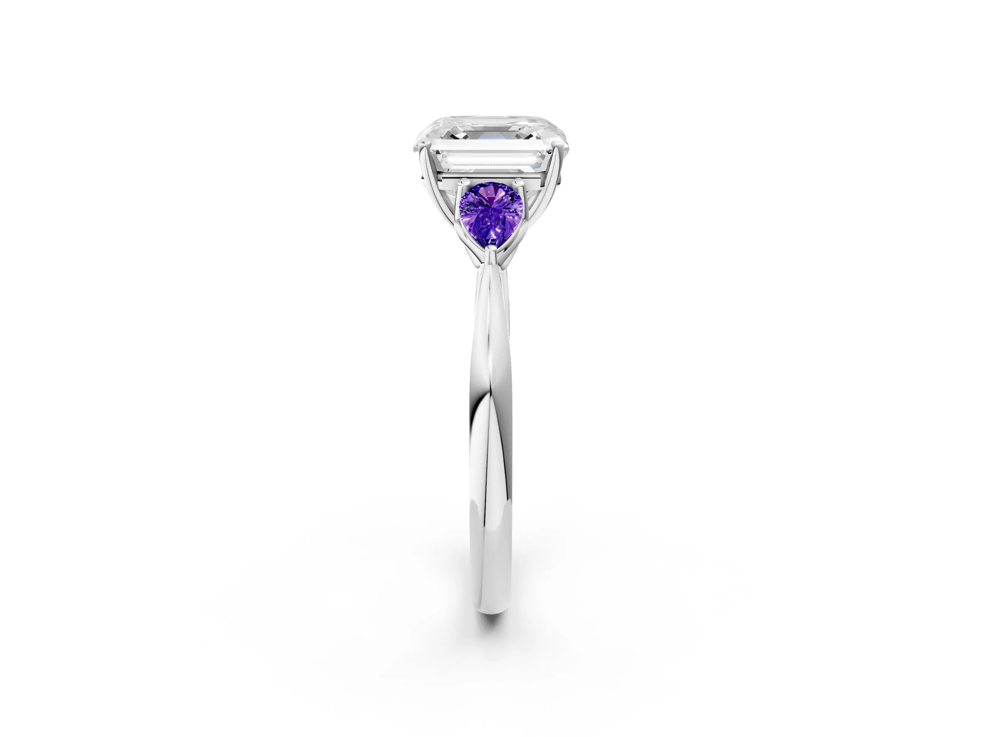 White gold Asscher Cut Diamond Three-Stone Ring with Pear with Tanzanite side stone Side Stones and Prong Setting_2
