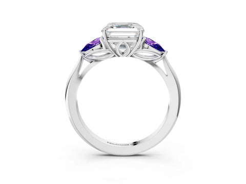 White gold Asscher Cut Diamond Three-Stone Ring with Pear with Tanzanite side stone Side Stones and Prong Setting_3