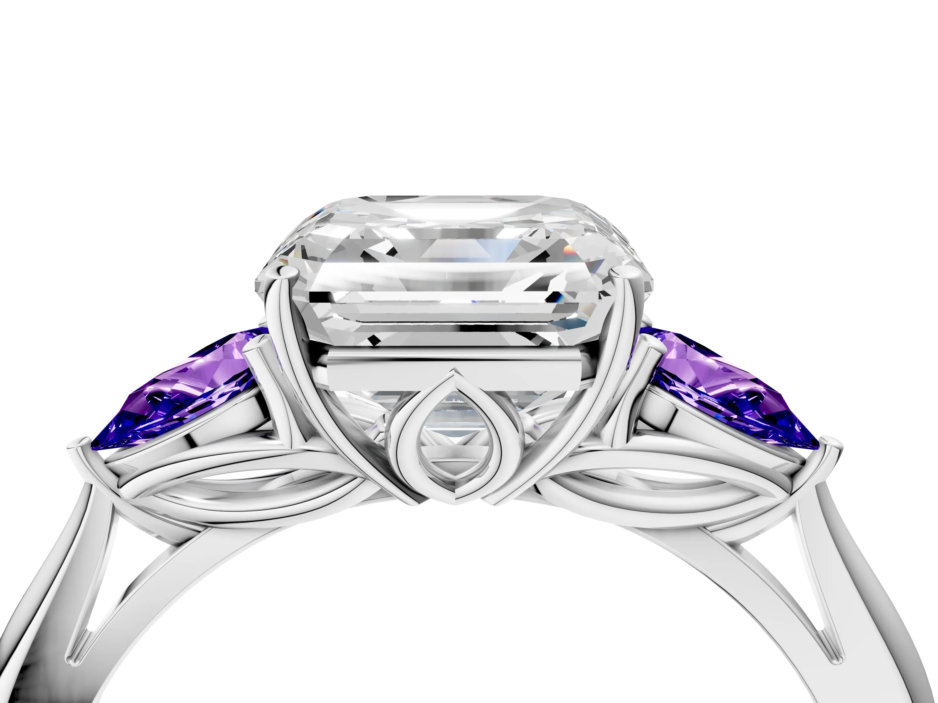 White gold Asscher Cut Diamond Three-Stone Ring with Pear with Tanzanite side stone Side Stones and Prong Setting_4