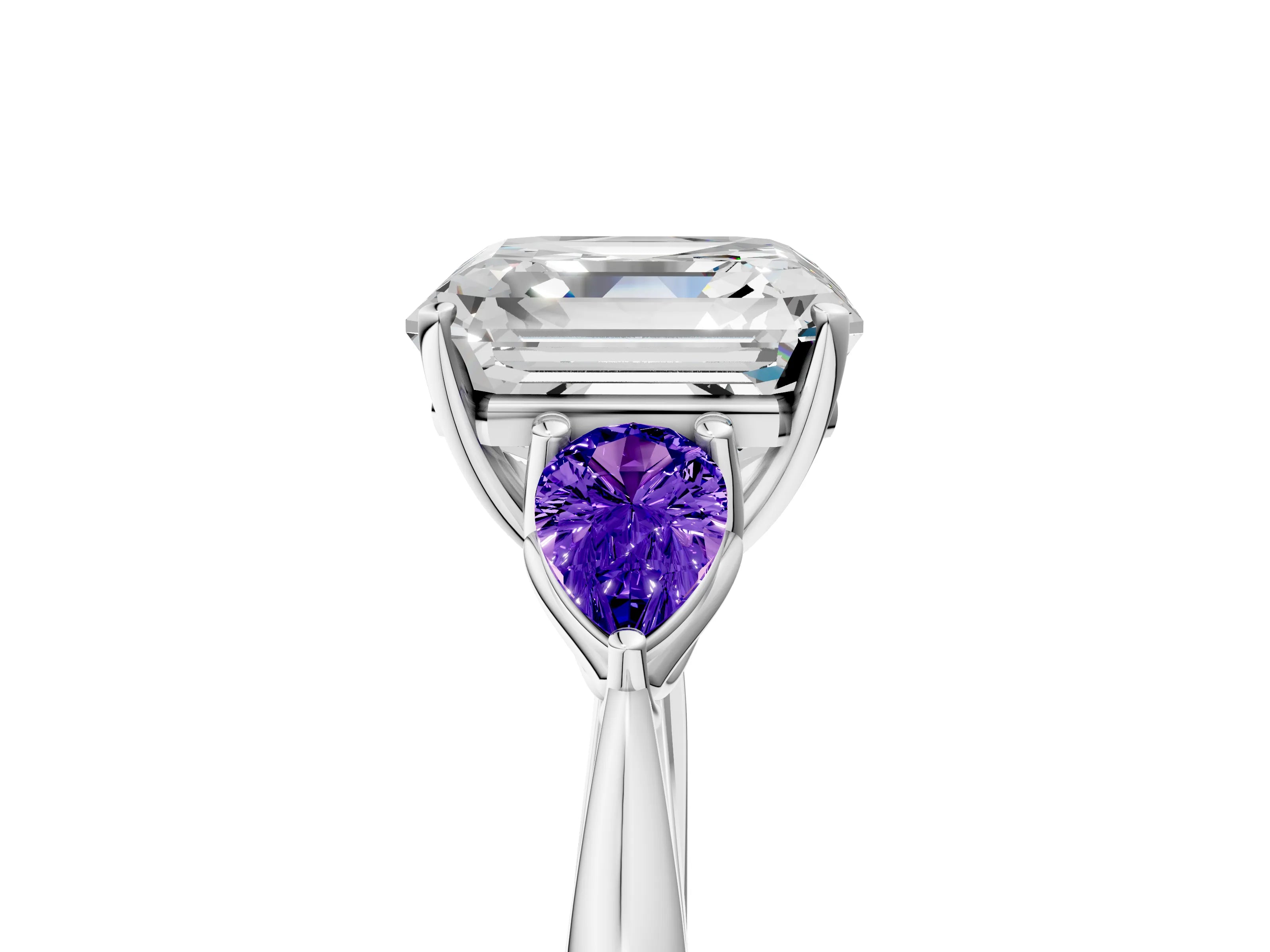 White gold Asscher Cut Diamond Three-Stone Ring with Pear with Tanzanite side stone Side Stones and Prong Setting_5