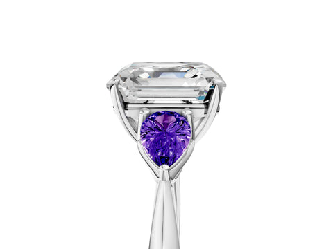 White gold Asscher Cut Diamond Three-Stone Ring with Pear with Tanzanite side stone Side Stones and Prong Setting_5