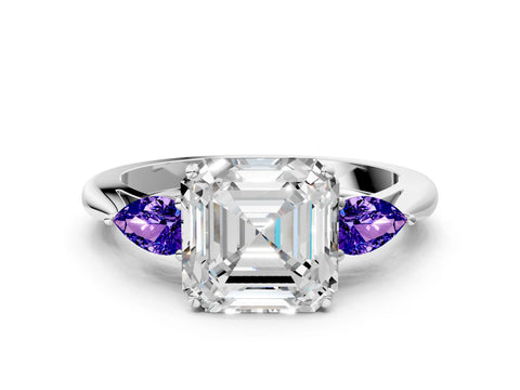 White gold Asscher Cut Diamond Three-Stone Ring with Pear with Tanzanite side stone Side Stones and Prong Setting