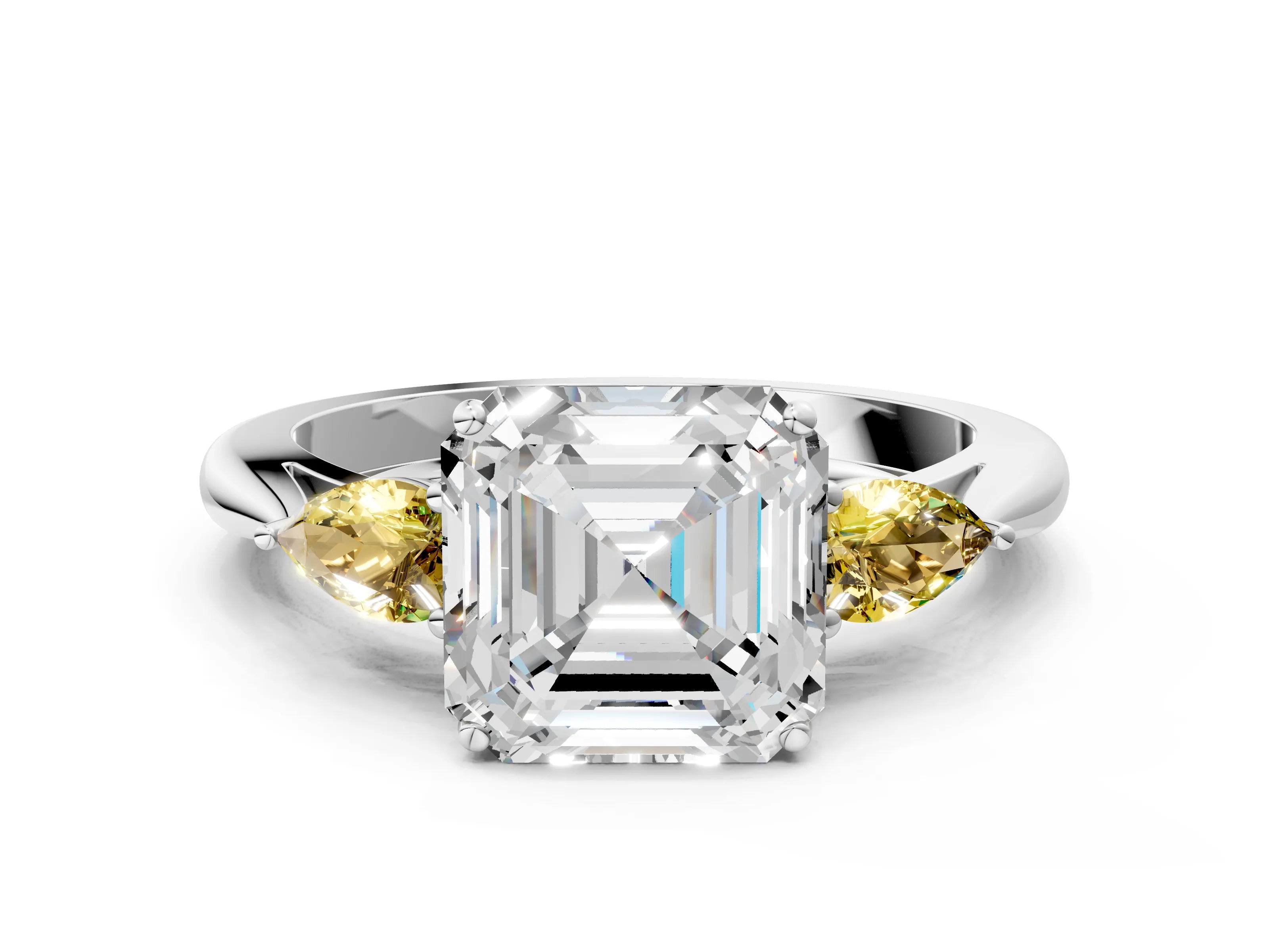 White gold Asscher Cut Diamond Three-Stone Ring with Pear with Yellow Sapphire side stone Side Stones and Prong Setting_24