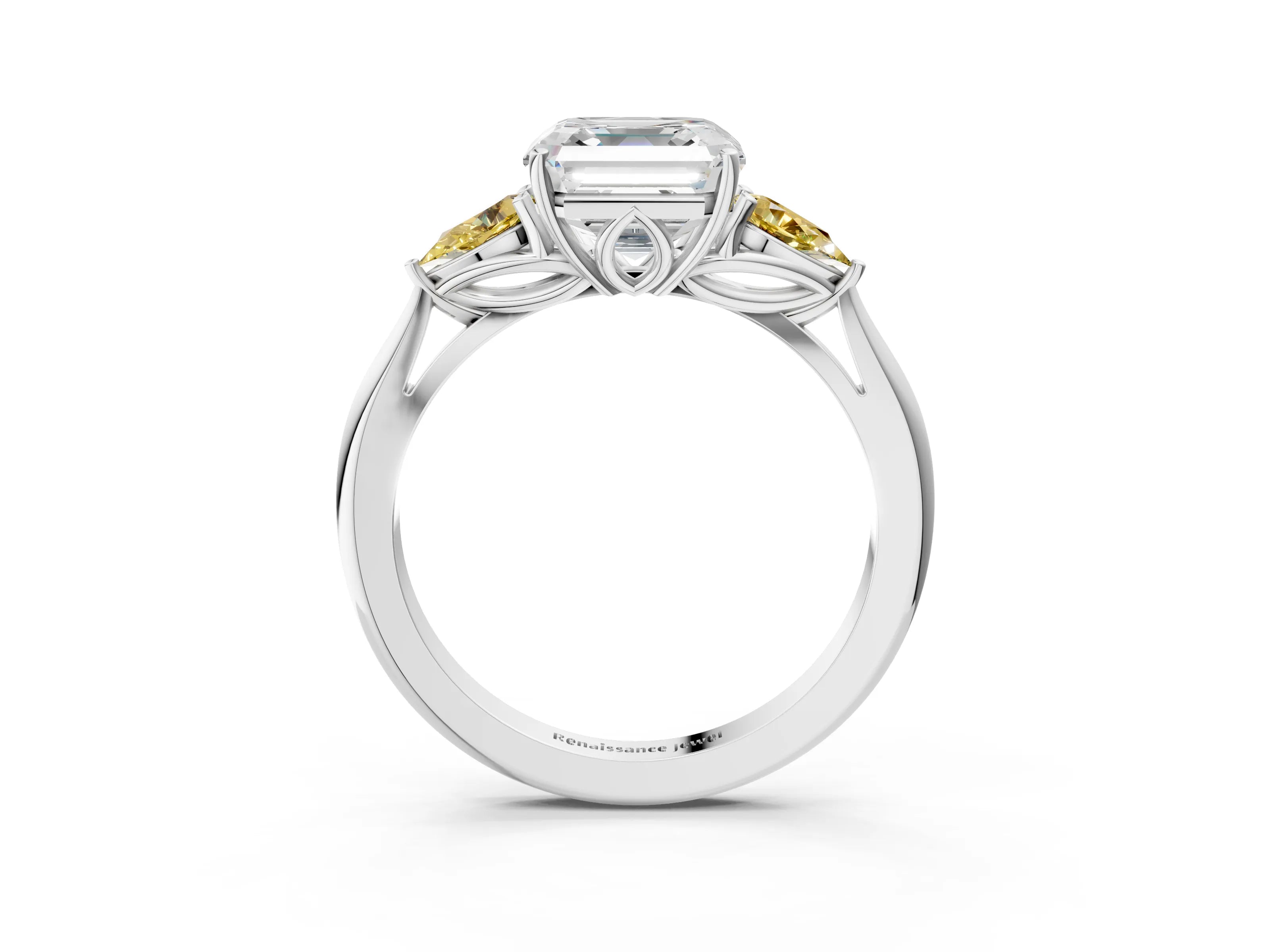 White gold Asscher Cut Diamond Three-Stone Ring with Pear with Yellow Sapphire side stone Side Stones and Prong Setting_27