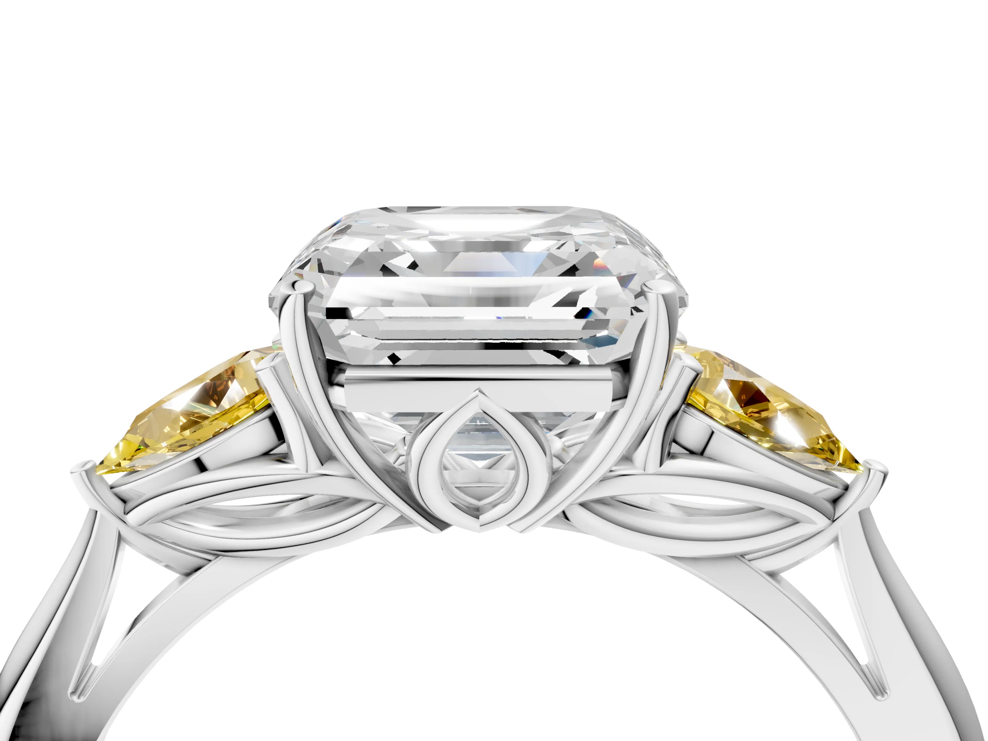 White gold Asscher Cut Diamond Three-Stone Ring with Pear with Yellow Sapphire side stone Side Stones and Prong Setting_28